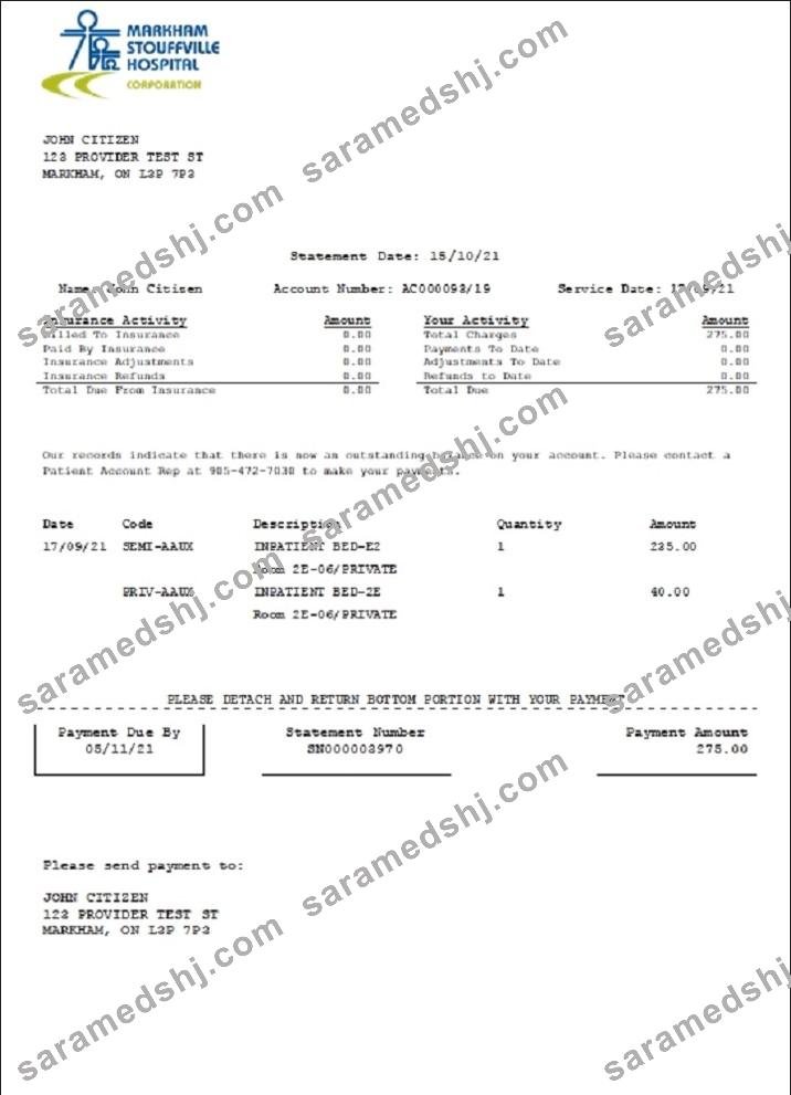 Canada Markham Stouffville Hospital medical insurance statement template in .doc and .pdf format